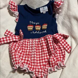 Red and Blue Baby Romper with Cupcake Design